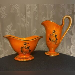 Rare Antique Coronet Art Pottery Cream & Sugar; Orange Lustre/Black Ship;England